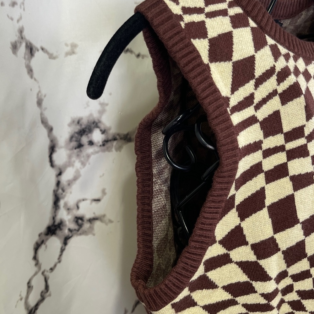 Motel Rocks Gaira Knit Vest Sweater Brown Cream Square Flag Crewneck Sleeveless - Picture 4 of 9
